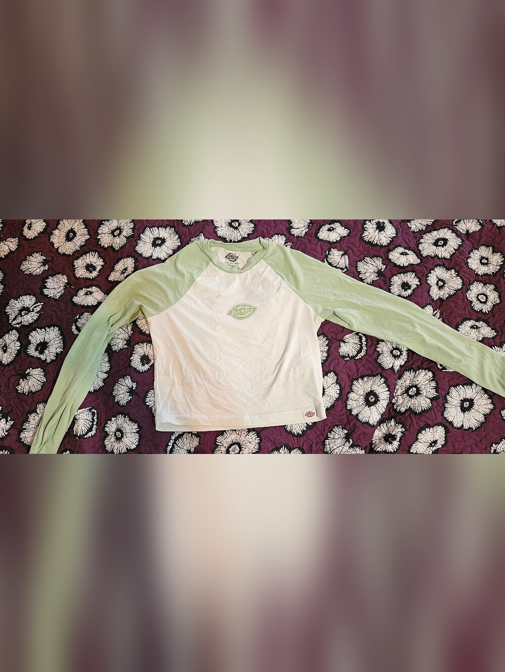 Dickies Crop Raglan Long-Sleeve Top - White with Light Green Sleeves
